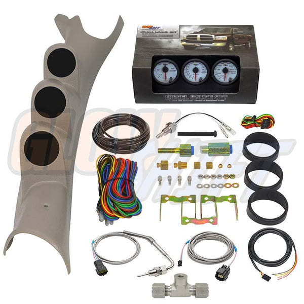 GlowShift Diesel Gauge Package for 2003-2009 Dodge Ram Cummins 1500 2500 3500 - White 7 Color 60 PSI Boost, 1500 F Pyrometer EGT & Transmission Temp Gauges - Factory Color Matched Triple Pillar Pod