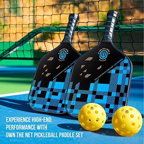 OWN THE NET Pickleball Paddles, USA-Based Brand, Premium Pickleball Paddle Set with Patented Carbon Fiber Graphite, Includes 2 Paddle Covers and 2 Outdoor Balls with Carry Bag (Sky Blue)