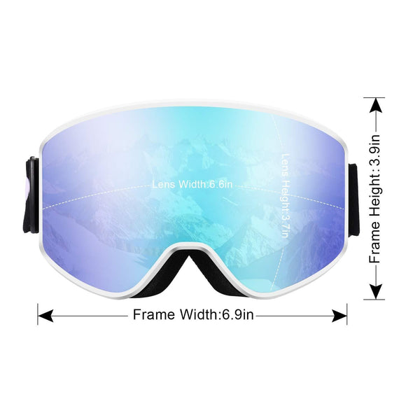 VELAZZIO OTG Ski Goggles, Snowboard Goggles - Double Layer Interchangeable Lens, UV Protection, Anti-Fog, Snow Goggles for Men & Women (White Frame/Grey Lens with REVO Blue Coating (VLT 17%))