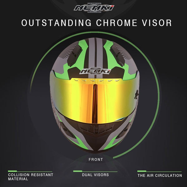 NENKI Helmets NK-856 Full Face Motorcycle Helmets DOT Approved With Iridium Red Visor and Inner Sun Shield,Fiberglass Shell (L,Matt Black & Green)