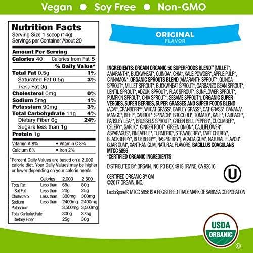 Orgain Organic Green Superfoods Powder, Original - Antioxidants, 1 Billion Probiotics, Vegan, Dairy Free, Gluten Free, Kosher, Non-GMO, 0.62 Pound (Packaging May Vary)