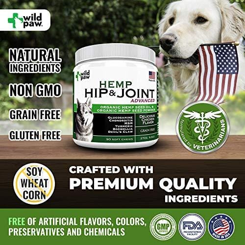 Hemp Hip & Joint Support Supplement for Dogs : Organic Hemp Oil + Hemp Powder Dog Chew with Turmeric & Glucosamine Chondroitin MSM - Arthritis Pain Relief & Improved Mobility in Joints - 90 Treats
