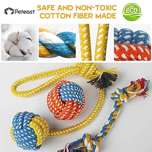 Peteast-3 Squeaky Toys and 3 Rope Dog Toys, No Stuffing Squeaky Plush Fox Raccoon Squirrel, Puppy Chew Teething Rope Toys Set for S/M/L Dogs Pets Animals