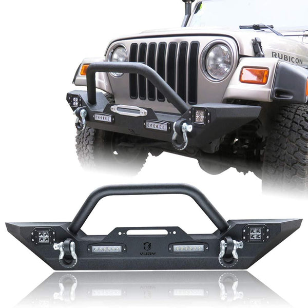 Hunter Front Bumper Compatible for 87-06 Jeep Wrangler TJ & YJ Rock Crawler Black Texture Bumper with Winch Plate & License Plate Bracket & 4X LED Lights & 2X D-Rings Off Road