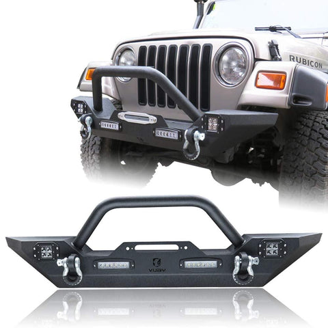 Hunter Front Bumper Compatible for 87-06 Jeep Wrangler TJ & YJ Rock Crawler Black Texture Bumper with Winch Plate & License Plate Bracket & 4X LED Lights & 2X D-Rings Off Road