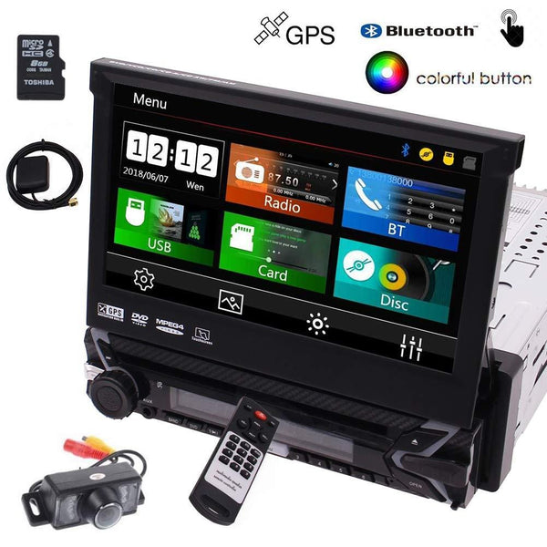 Free Backup Camera Included! 7 inch Retractable Capacitive Touch Screen Wince System Single 1 Din Car Stereo DVD Player Support GPS Navigation/USB/SD/Cam-in/Work with Bluetooth/SWC