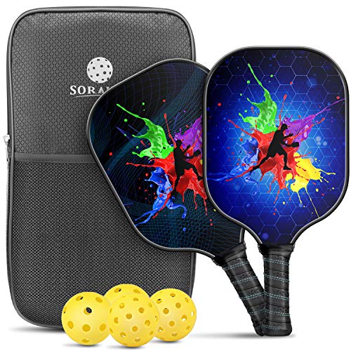 Soraken Pickleball Paddles, Pickleball Paddle with Carbon Fiber Surface and Polypropylene Honeycomb Core Cushion Comfort Grip, Pickleball Paddles Set of 2 Including 4 Balls and Racket Bag