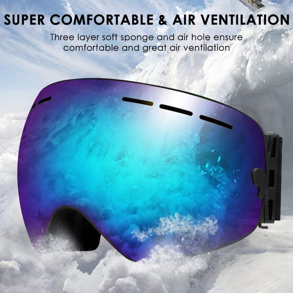 Zerhunt Ski Goggles, Snowboard Goggles Over Glasses, Anti Fog UV Protection Snow Goggles OTG Interchangeable Lens for Men Women Snowmobile, Skiing, Skating, Blue