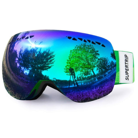 Supertrip Ski Snowboard Goggles for Men & Women Over The Glasses Snow Goggles Anti Fog 100% UV Protection Double Lens Interchangeable Lens for Skiing (Gray Revo Green(VLT 12%) Without case)