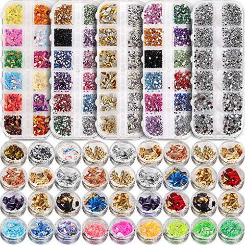 5 box 11440pcs Nails Rhinestones and 36 Pots Foils Flakes, Teenitor professional Nail Decoration with Gems for Nails Stud Foil for Nails Art