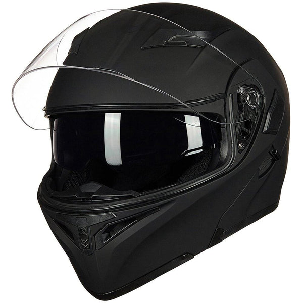 ILM Motorcycle Dual Visor Flip up Modular Full Face Helmet DOT 6 Colors (L, MATTE BLACK)
