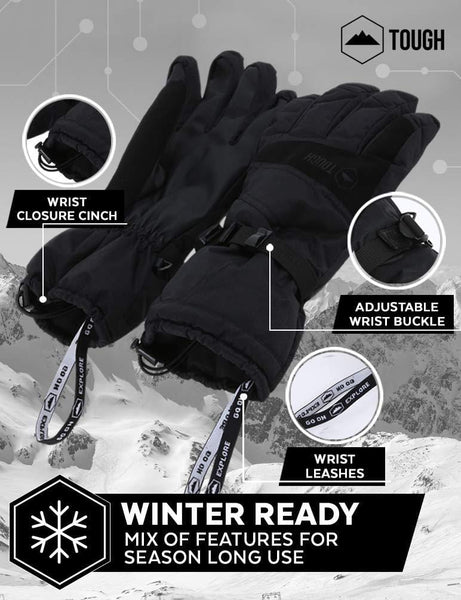 Winter Ski & Snow Gloves for Men & Women - Waterproof & Windproof Snowboard Gloves for Skiing, Snowboarding & Shoveling - With Wrist Leashes, Nylon Shell, Thermal Insulation & Synthetic Leather Palm