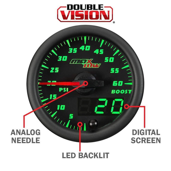 MaxTow Double Vision 1500 F Pyrometer Exhaust Gas Temperature EGT Gauge Kit - Includes Type K Probe - Black Gauge Face - Green LED Dial - Analog & Digital Readouts - for Diesel Trucks - 2-1/16" 52mm