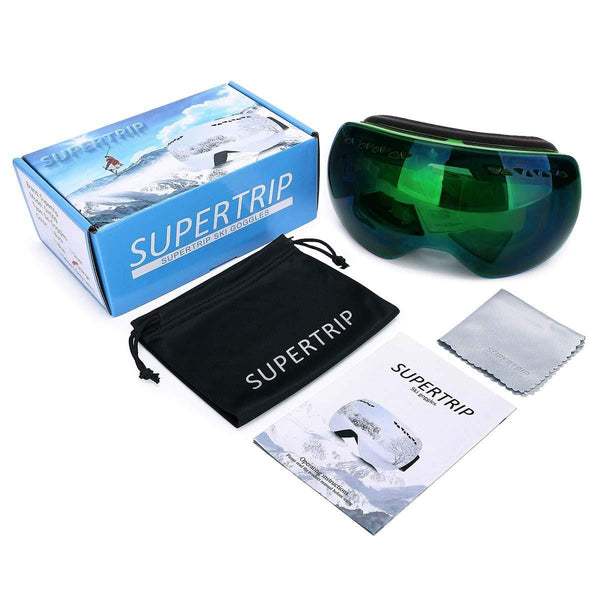Supertrip Ski Snowboard Goggles for Men & Women Over The Glasses Snow Goggles Anti Fog 100% UV Protection Double Lens Interchangeable Lens for Skiing (Gray Revo Green(VLT 12%) Without case)