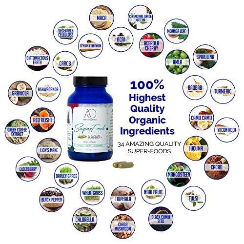 Organic Green Superfood Capsules | Promotes Energy, Focus, Alkalinity, Detox & Immune Strength | Greens Powder with Spirulina, Chlorella, Ashwaganda, Turmeric, Acai, Maca and more | 124 Vegan Capsules