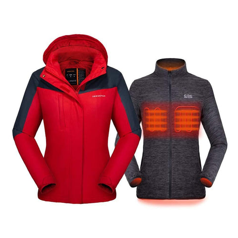 Venustas [2019 New] Women's 3-in-1 Heated Jacket with Battery Pack, Ski Jacket Winter Jacket with Removable Hood Waterproof Red