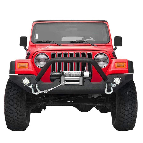 LEDKINGDOMUS Rock Crawler Front Bumper for 87-06 Jeep Wrangler YJ and TJ with Winch Plate, LED Lights Heavy Duty (Textured Black)