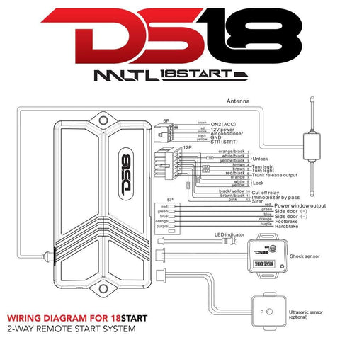 DS18 18START 2-Way Car Alarm Security Keyless Entry System & LCD Sensor Remote Engine Start System Kit Automatic w/2 Transmitters w/ 4 Button Remote Door Lock Status Indicator LED w/Trunk Pop