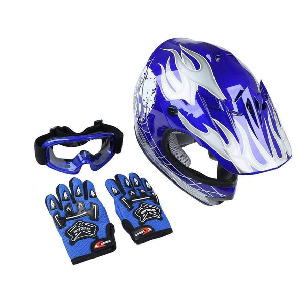 TCMT Dot Youth & Kids Motocross Offroad Street Motorcycle Dirt Bike Motocross ATV Helmet Blue Skull with Goggles Gloves (L)