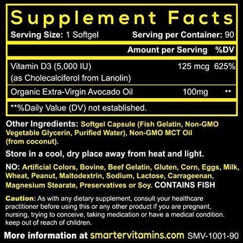 Vitamin D3 5000 IU - USDA Certified Organic Avocado Oil, 90 Mini Softgels, Non-GMO, Soy Free, Gluten Free, Supports Immune Function & Healthy Bones + Teeth