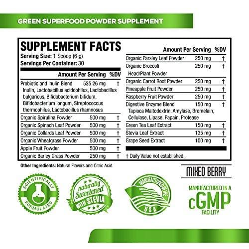GREEN SURGE Green Superfood Powder Supplement - Greens Drink w/ Spirulina, Wheat & Barley Grass, & Organic Greens - Probiotics & Digestive Enzymes -30sv Keto Friendly