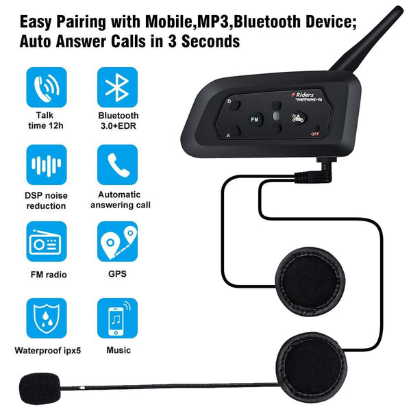 [2 Pack] Vnetphone V4 Bluetooth Motorcycle Helmet Headset, Wireless Intercom Interphone System for 4 Riders Talking at The Same Time丨Waterproof IP65丨Talking Range 1500m丨GPS丨Hands-free丨Stereo Music