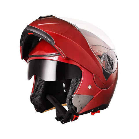 AHR Full Face Flip up Modular Motorcycle Helmet DOT Approved Dual Visor Motocross Red L