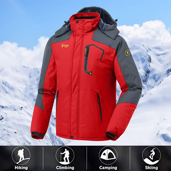 JINSHI Men's Snow Jacket Waterproof Ski Jackets Winter Hooded Mountain Fleece Jacket (Red,L)