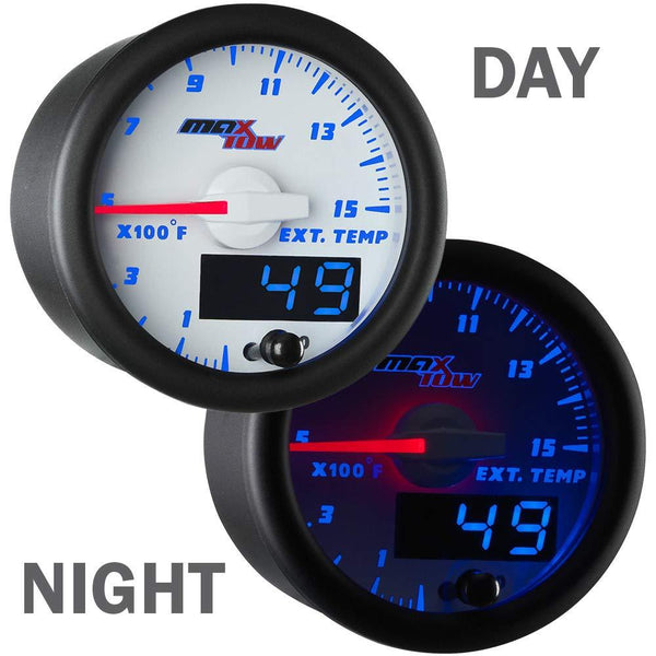 MaxTow Double Vision 1500 F Pyrometer Exhaust Gas Temperature EGT Gauge Kit - Includes Type K Probe - White Gauge Face - Blue LED Dial - Analog & Digital Readouts - for Diesel Trucks - 2-1/16" 52mm