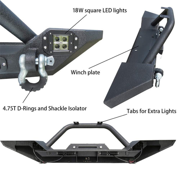 Hunter Front Bumper Compatible for 87-06 Jeep Wrangler TJ & YJ Rock Crawler Black Texture Bumper with Winch Plate & License Plate Bracket & 4X LED Lights & 2X D-Rings Off Road
