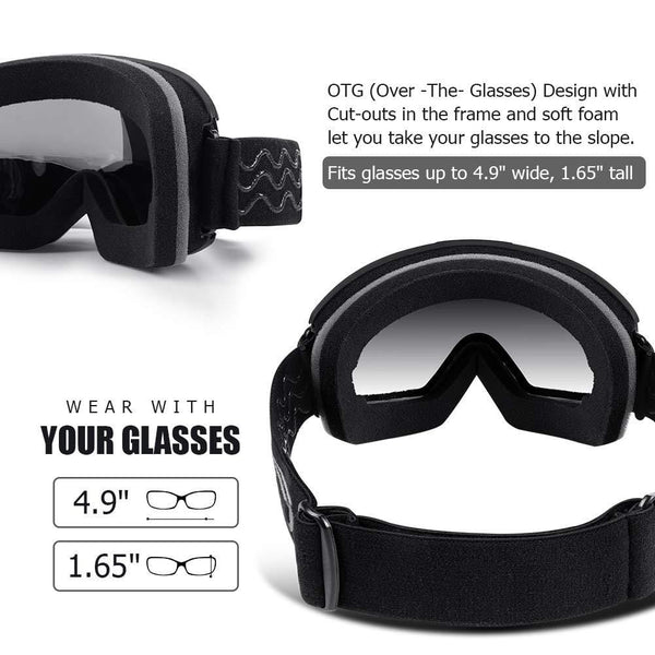 KUYOU Ski Goggles - OTG Snow Goggles,Over The Glasses Snowboard Goggles Anti-Fog 100% UV Protection for Men Women Youth (Black, M :Youth/Adult)