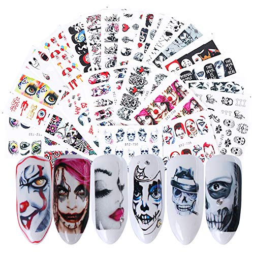 Halloween Nail Stickers Day of the Dead Water Transfer Nail Decals 25 Sheets Skull Ghost Eye Hulk Clown Witch Nail Art Stickers Halloween Party Supply Favors Nail Tips Charms Decoration