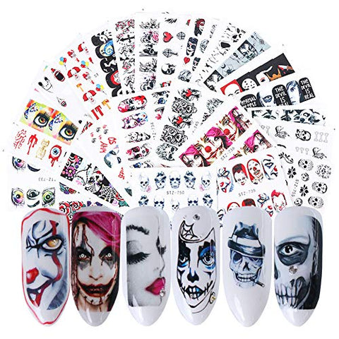 Halloween Nail Stickers Day of the Dead Water Transfer Nail Decals 25 Sheets Skull Ghost Eye Hulk Clown Witch Nail Art Stickers Halloween Party Supply Favors Nail Tips Charms Decoration