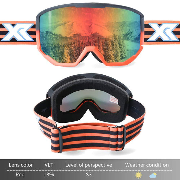 XR Ski Snowboard Goggles Anti-Fog UV Protection HD Cylinder Lens Over Glasses Non-Slip Strip Snow Goggles for Men&Women (Red)