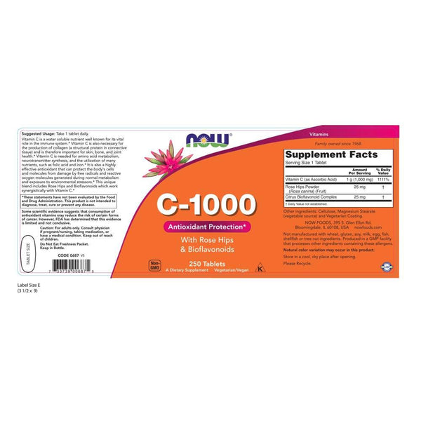 Now Supplements, Vitamin C-1,000 with Rose Hips & Bioflavonoids, Antioxidant Protection*, 250 Tablets