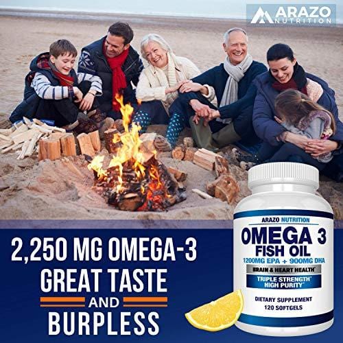 Omega 3 Fish Oil 2250mg | HIGH EPA 1200MG + DHA 900MG Triple Strength Burpless Capsules | Arazo Nutrition (120 Count)