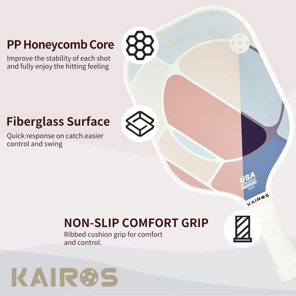 KAIROS Pickleball Paddles, USAPA Approved Pickle Ball Set with 2 Rackets 4 Pickle Balls, Non-Slip Grip Fiberglass Surface Pickleball for Beginners (Dusty Rose)