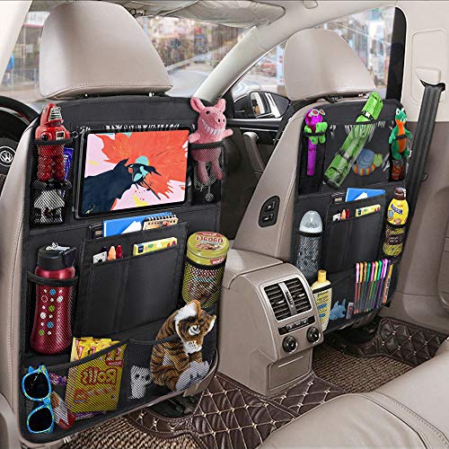 ULEEKA Car Backseat Organizer with 10" Table Holder, 9 Storage Pockets Seat Back Protectors Kick Mats for Kids Toddlers, Travel Accessories, Black, 2 Pack