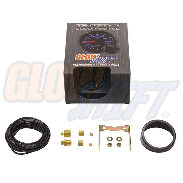 GlowShift Tinted 7 Color 60 PSI Turbo Boost Gauge Kit - Includes Mechanical Hose & Fittings - Black Dial - Smoked Lens - For Diesel Trucks - 2-1/16" 52mm