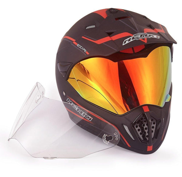 Dual Sport Helmet by NENKI Full Face Motocross & Motorcycle Helmets Dot Approved With Iridium Red Visor Attached Clear Visor NK-310 (L, Matt Black & Red)