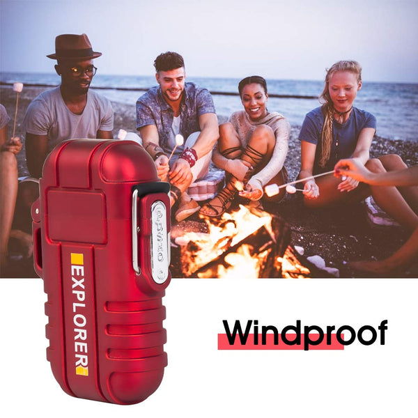 lcfun Waterproof Lighter Outdoor Windproof Lighter Dual Arc Electric Lighters Rechargeable-Flameless-Plasma Lighter for Camping,Hiking,Outdoor Adventure (Red)