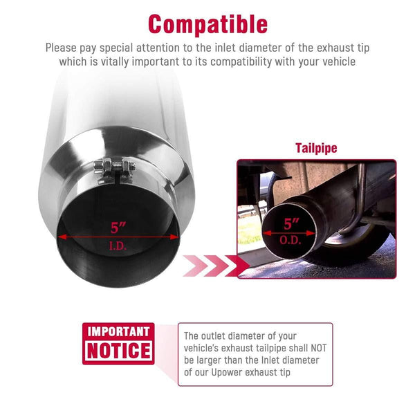 Universal Diesel Trucks Car 5 Inch Inlet 8" Outlet Exhaust Tip 15" Long Tail Pipe Stainless Steel Polished Bolt On