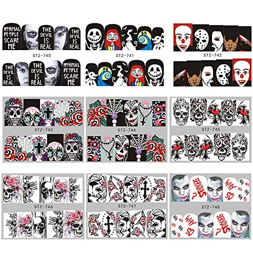 Halloween Nail Stickers Day of the Dead Nail Art Accessories Decals 25 Sheets Ghost Skull Eye Clown Hulk Water Transfer Nail Art Stickers for Halloween Party Supply Fingernails Toenails Decorations