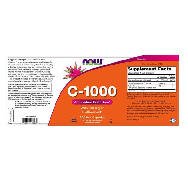 Now Supplements, Vitamin C-1,000 with 100 mg of Bioflavonoids, Antioxidant Protection*, 500 Veg Capsules