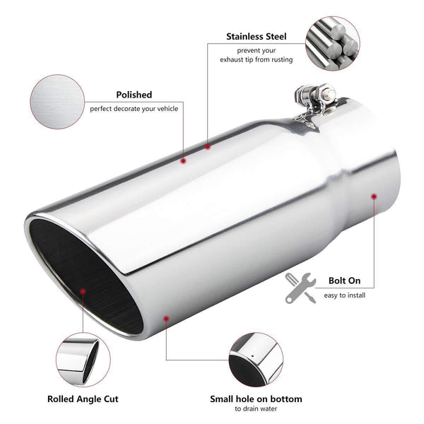 LCGP 4" to 5" Diesel Exhaust Tip, 12" Overall Length Bolt On Design Truck Tail Tip,Polished, Rolled Angle Cut Design