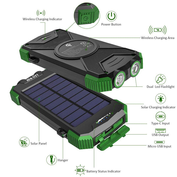 Solar Charger 10000mAh, Portable Solar Power Bank IPX4 Splashproof Outdoor Travel Qi Wireless Solar Panel Charging External Battery Pack with DC5V/2.1A USB Output/Type-C Input/Dual Flashlight/Compass