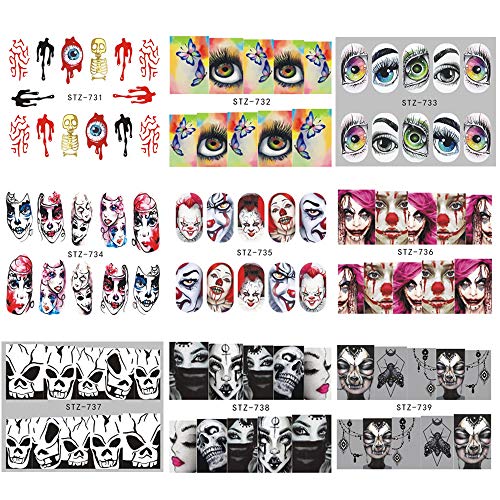 Halloween Nail Stickers Day of the Dead Nail Art Accessories Decals 25 Sheets Ghost Skull Eye Clown Hulk Water Transfer Nail Art Stickers for Halloween Party Supply Fingernails Toenails Decorations