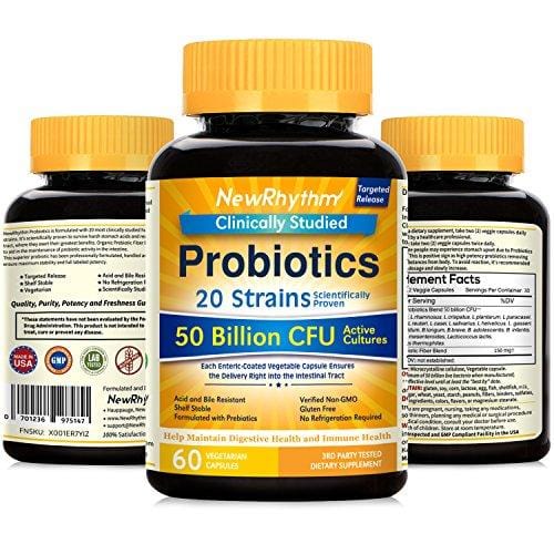 NewRhythm Probiotics 50 Billion CFU 20 Strains, 60 Veggie Capsules, Targeted Release Technology, Stomach Acid Resistant, No Need for Refrigeration, Non-GMO, Gluten Free