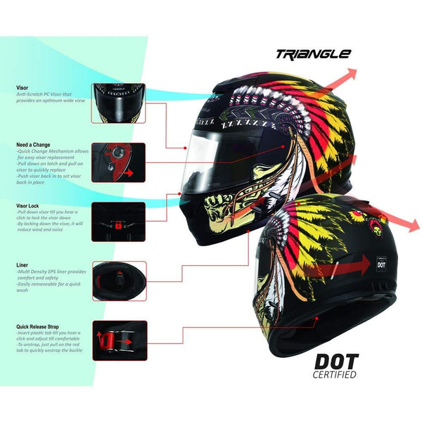 Triangle Full Face Lightweight, Aerodynamic, Comfortable Street Bike Motorcycle Helmets DOT Approved (Indian Yellow, X-Large)