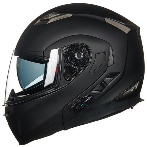 ILM Bluetooth Integrated Modular Flip up Full Face Motorcycle Helmet Sun Shield Mp3 Intercom (XL, MATTE BLACK)